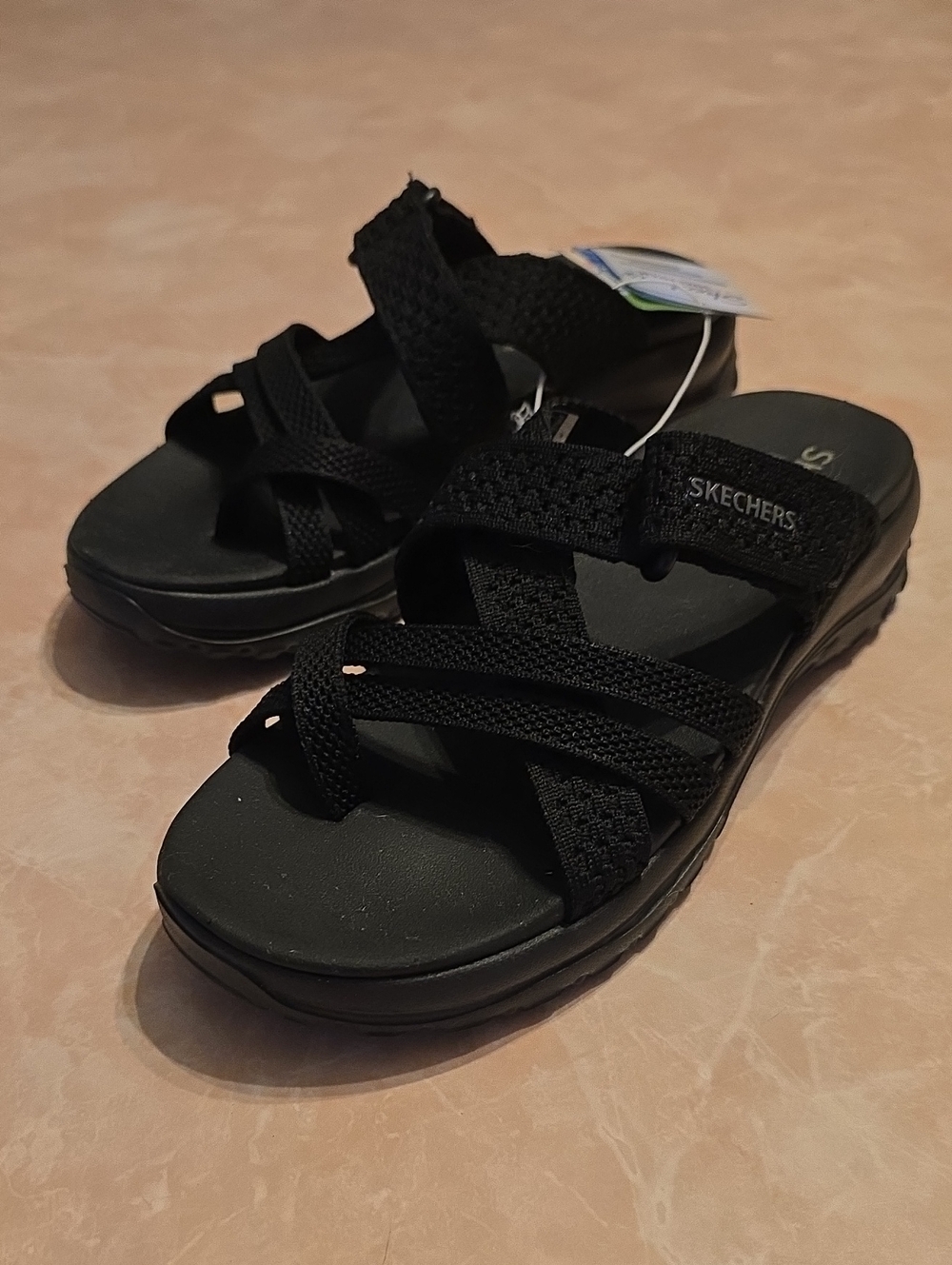 Skechers Luxe Foam Black Woven Cross-Strap Comfort Sandals